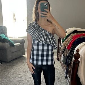 J. Crew Black & White One-Shoulder Gingham Ruffle Top